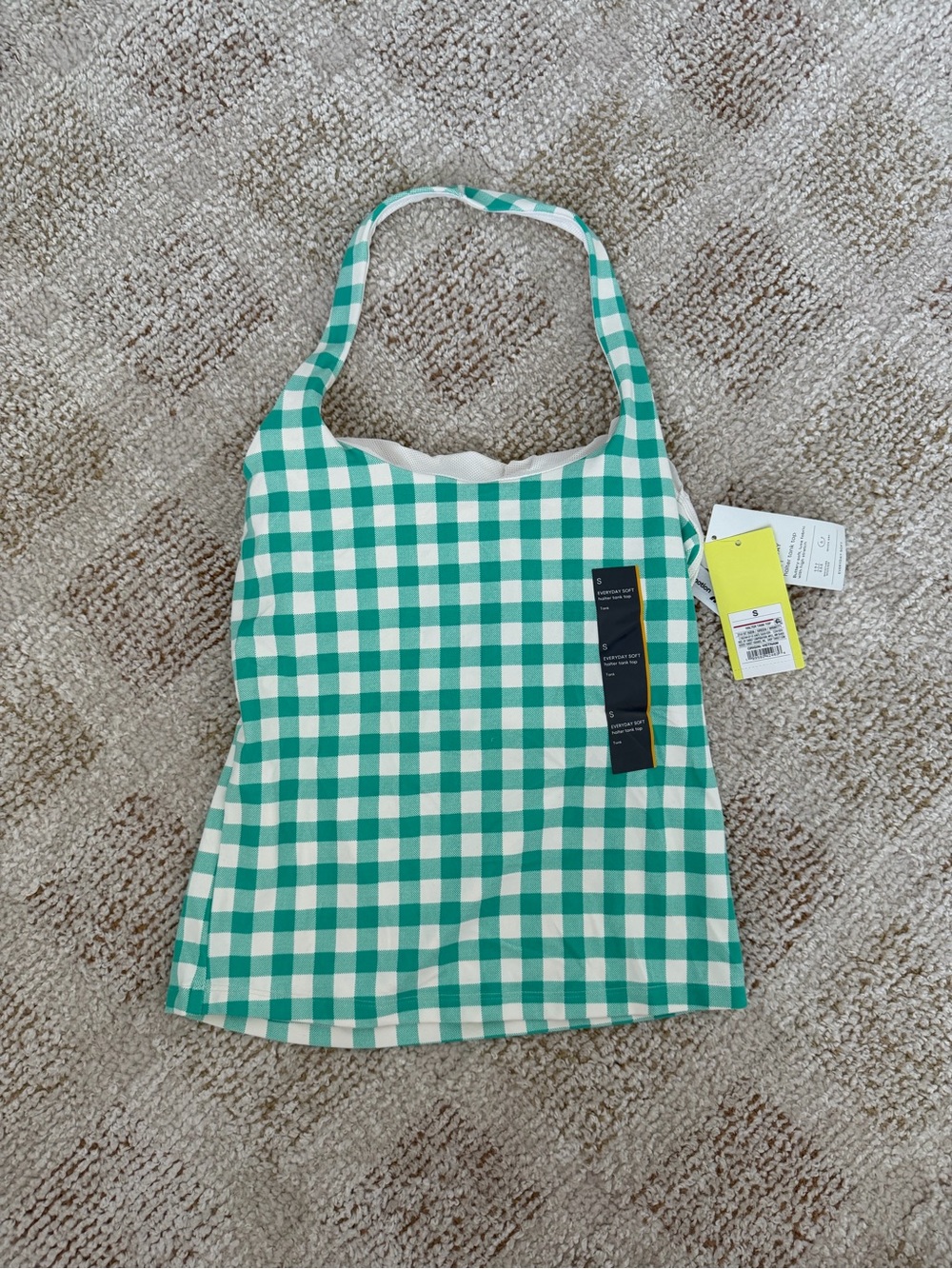 ALL IN MOTION Women's Halter Tank Top L NWT Green Gingham Cropped Shelf Bra
